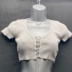 IMMODEL Women Crop Top Grey Ribbed Lace Up Rhinestone S Y2K Baddie Streetwear